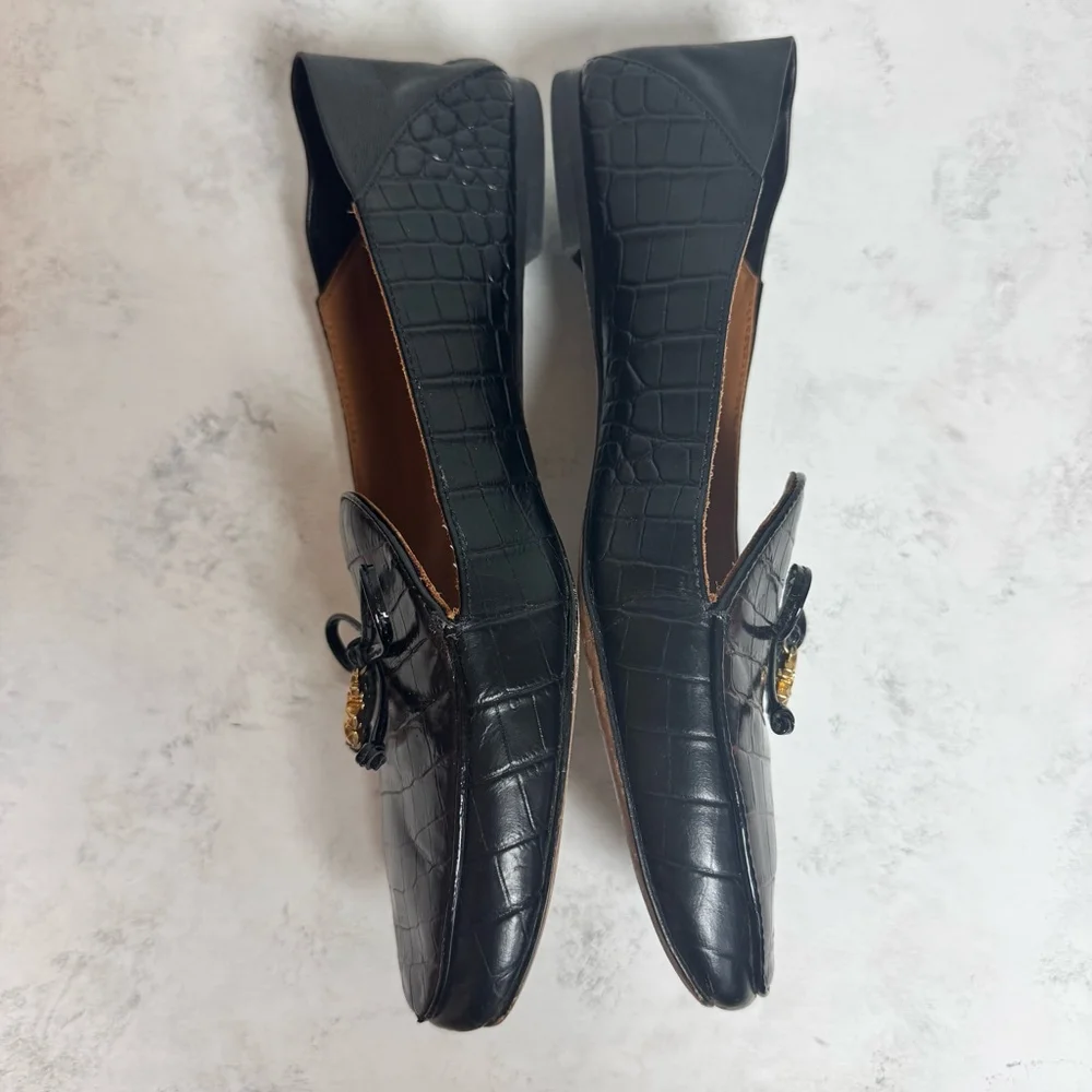 Women's Tory Burch Charm Croco Leather Loafers Size 7.5 Brown Black - Picture 2 of 10